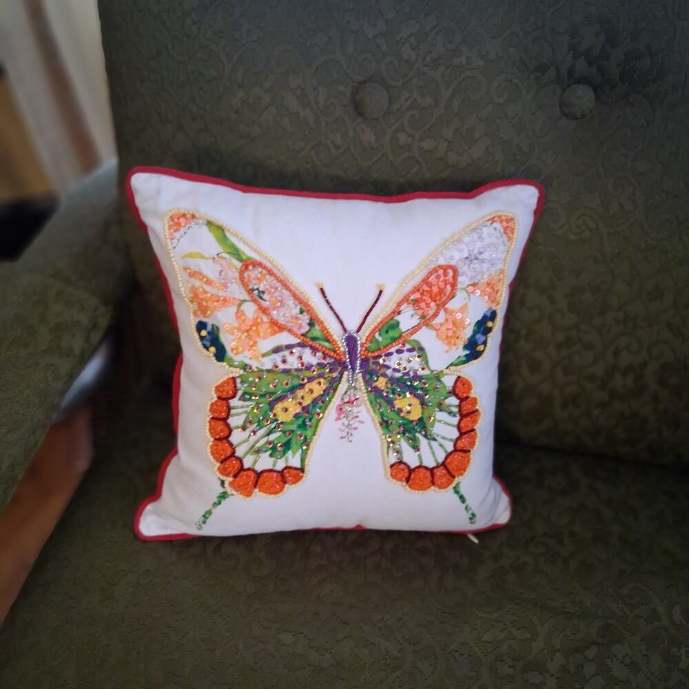 Soft Surroundings pillow cover + insert 12.5x12.5 beaded butterfly boho 70s